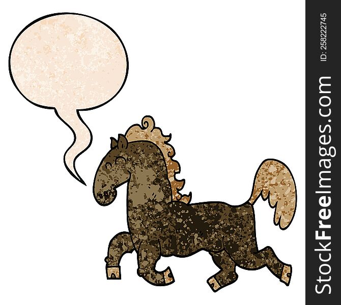 cartoon stallion and speech bubble in retro texture style