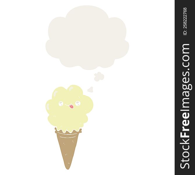 Cartoon Ice Cream And Thought Bubble In Retro Style