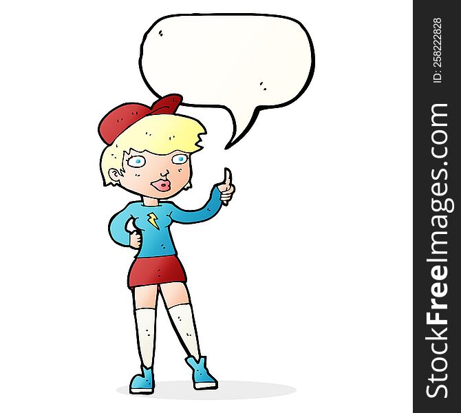 cartoon skater girl giving thumbs up symbol with speech bubble