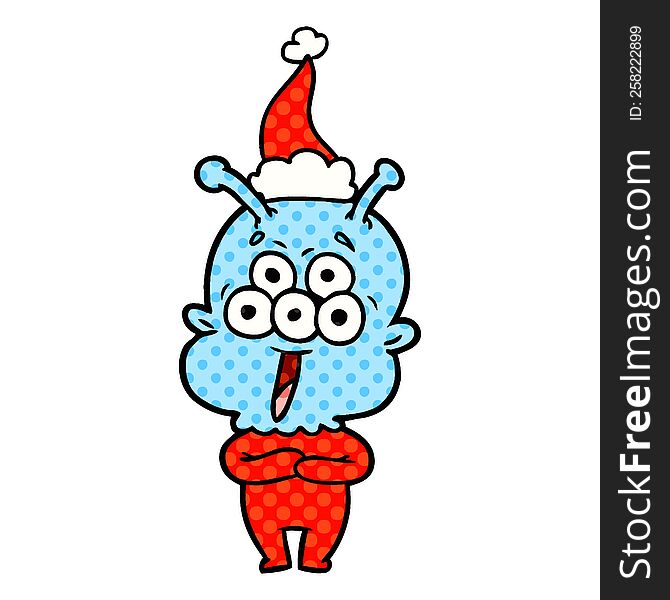 Happy Comic Book Style Illustration Of A Alien Wearing Santa Hat