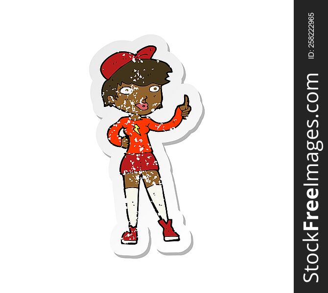 Retro Distressed Sticker Of A Cartoon Skater Girl Giving Thumbs Up Symbol