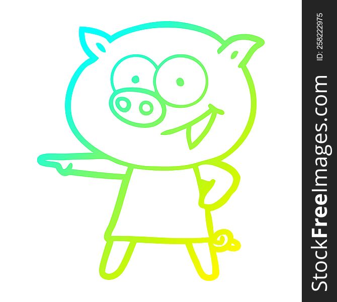 Cold Gradient Line Drawing Cheerful Pig In Dress Pointing Cartoon