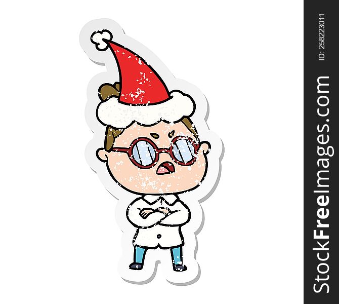 hand drawn distressed sticker cartoon of a annoyed woman wearing santa hat