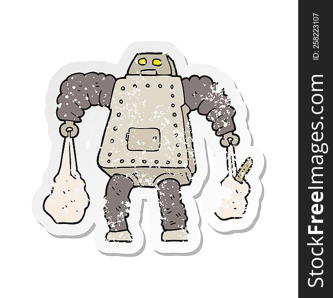 retro distressed sticker of a cartoon robot carrying shopping