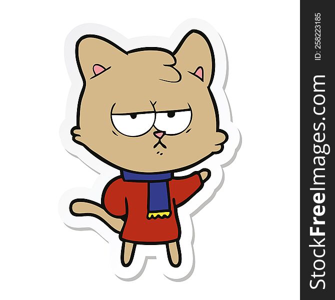 Sticker Of A Bored Cartoon Cat In Winter Clothes