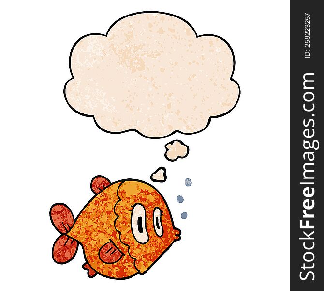 Cartoon Fish And Thought Bubble In Grunge Texture Pattern Style