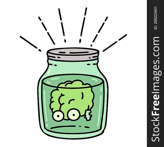 illustration of a traditional tattoo style brain in jar
