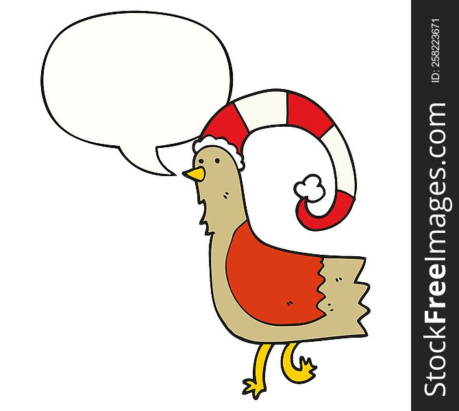Caroton Chicken In Funny Christmas Hat And Speech Bubble