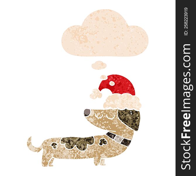 Cartoon Dog Wearing Christmas Hat And Thought Bubble In Retro Textured Style