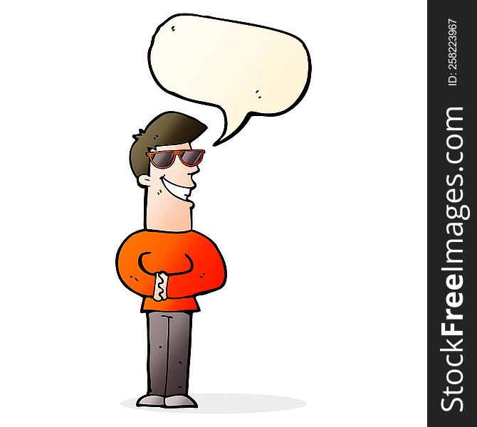 cartoon grinning man wearing sunglasses with speech bubble