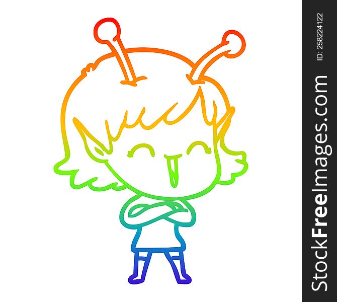 Rainbow Gradient Line Drawing Cartoon Happy Alien Girl