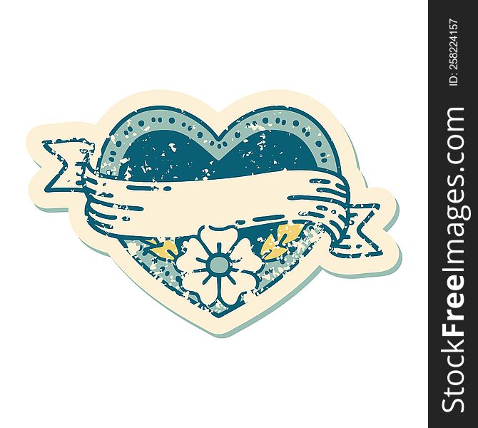 iconic distressed sticker tattoo style image of a heart and banner with flowers. iconic distressed sticker tattoo style image of a heart and banner with flowers