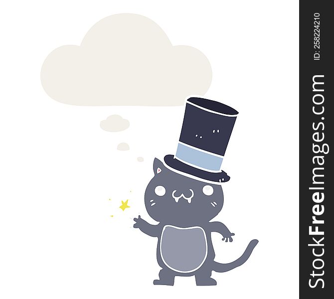 cartoon cat wearing top hat and thought bubble in retro style