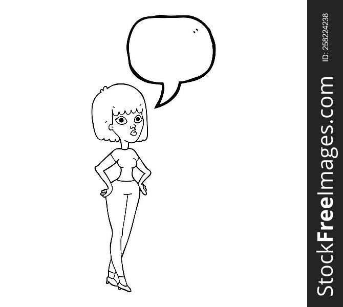 freehand drawn speech bubble cartoon woman with hands on hips
