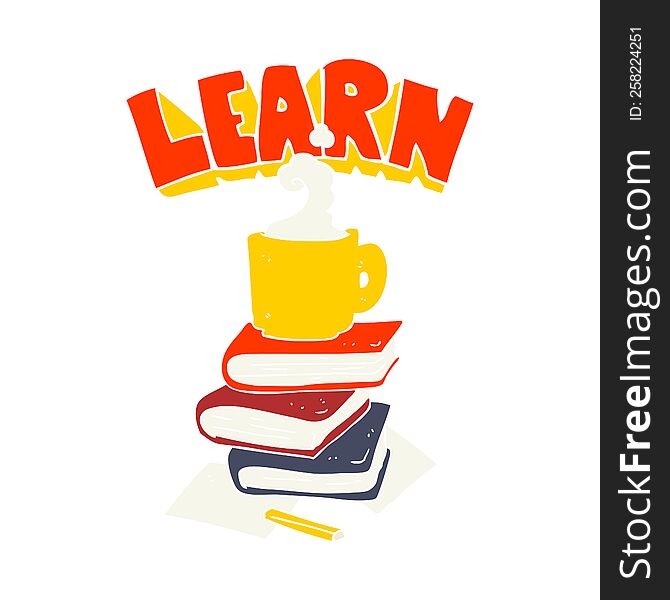 flat color illustration of a cartoon books and coffee cup under Learn symbol