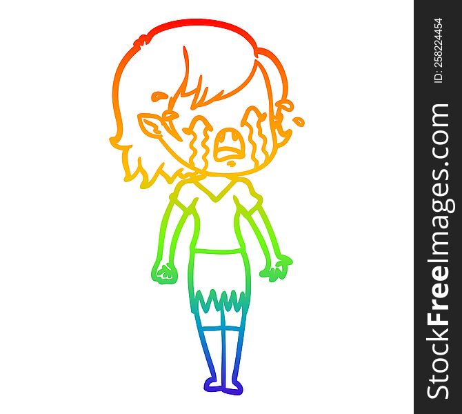 rainbow gradient line drawing of a cartoon crying vampire girl