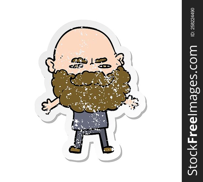 distressed sticker of a cartoon man with beard frowning