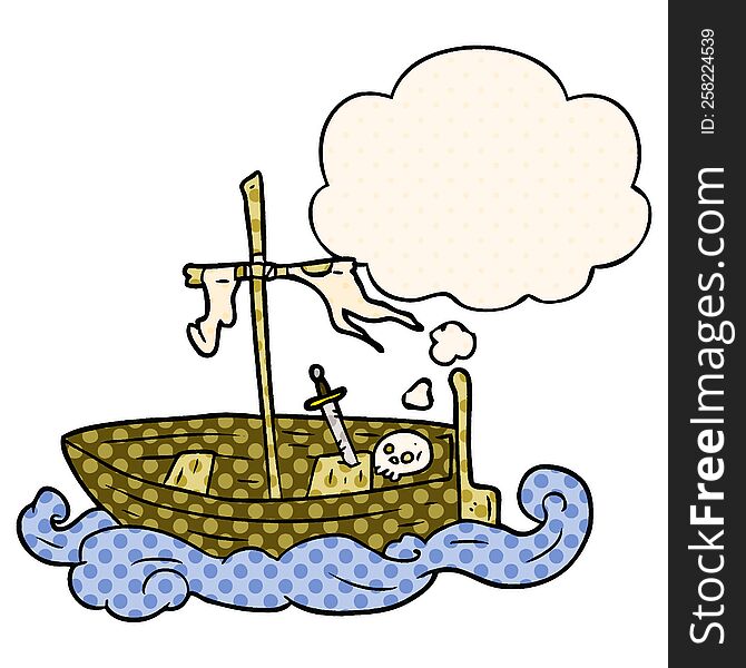 cartoon old boat with thought bubble in comic book style
