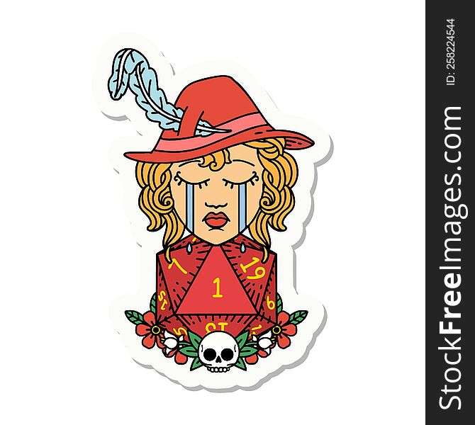 sticker of a crying human bard with natural one D20 dice roll. sticker of a crying human bard with natural one D20 dice roll