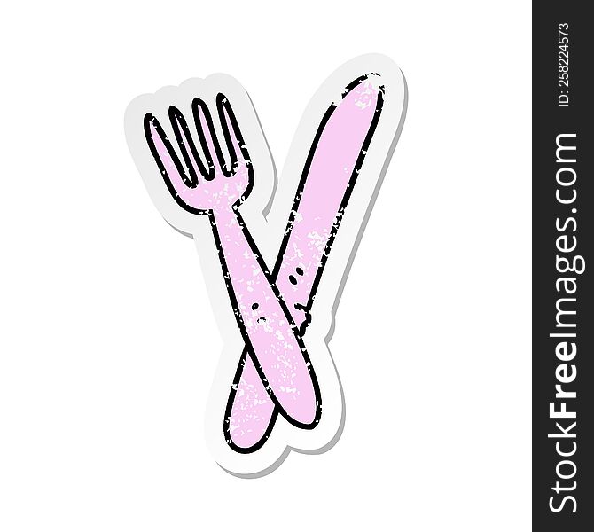 distressed sticker of a quirky hand drawn cartoon cutlery