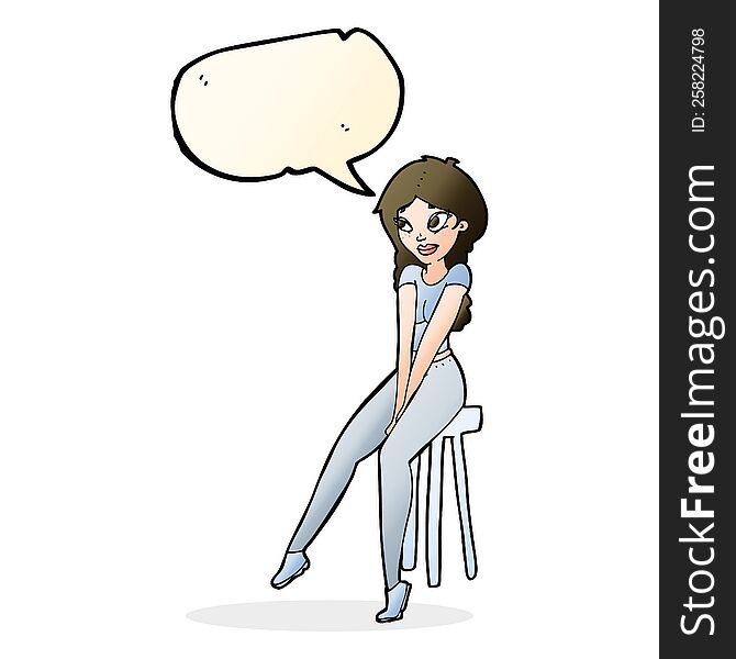 Cartoon Pretty Girl On Stool With Speech Bubble