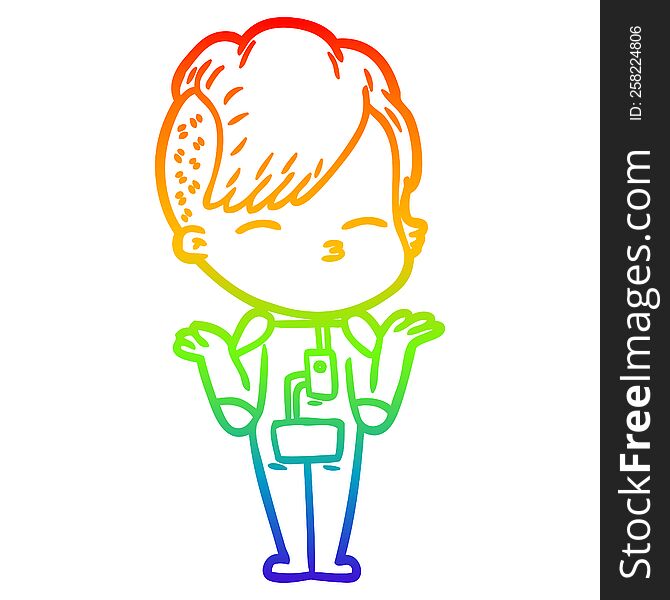 Rainbow Gradient Line Drawing Cartoon Girl Wearing Futuristic Clothes