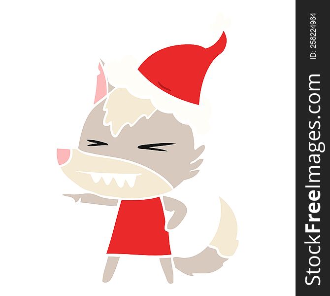 angry wolf hand drawn flat color illustration of a wearing santa hat. angry wolf hand drawn flat color illustration of a wearing santa hat