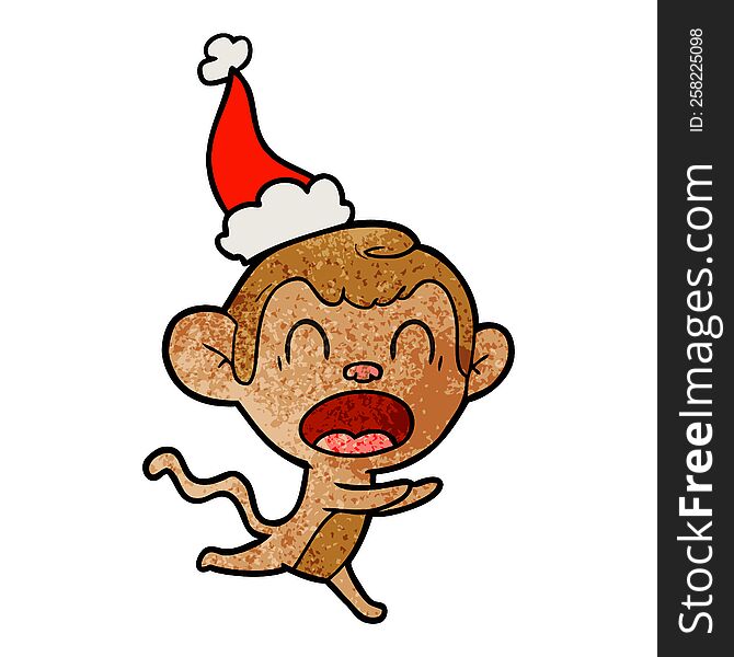 Shouting Textured Cartoon Of A Monkey Wearing Santa Hat