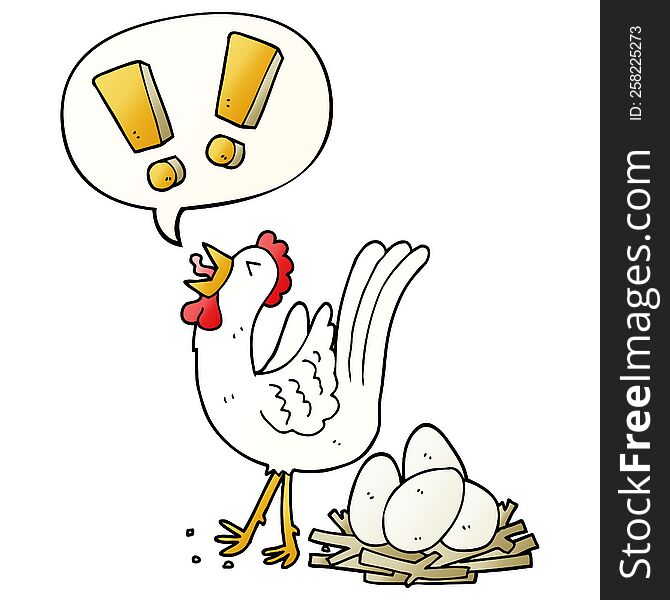 cartoon chicken laying egg with speech bubble in smooth gradient style