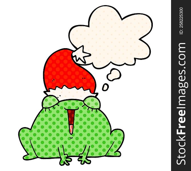 Cute Cartoon Christmas Frog And Thought Bubble In Comic Book Style