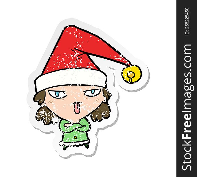 distressed sticker of a cartoon girl wearing christmas hat
