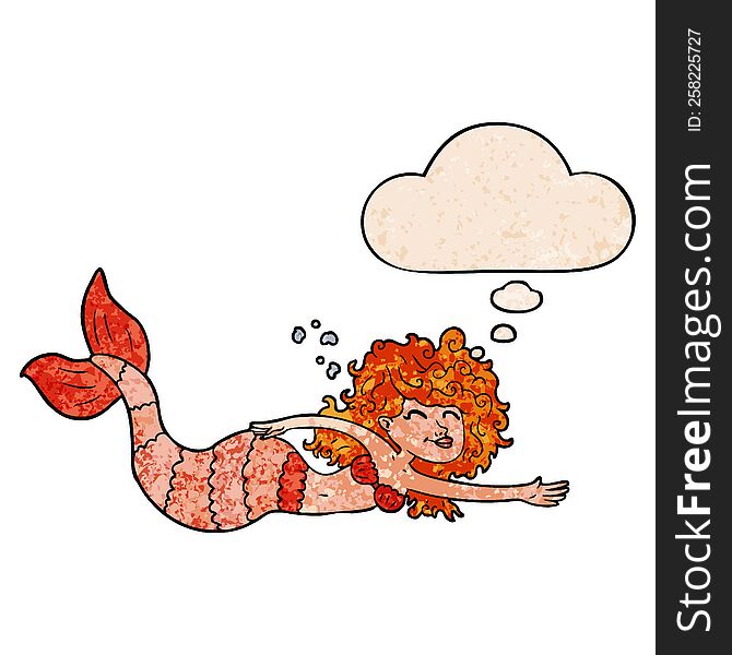 Cartoon Mermaid And Thought Bubble In Grunge Texture Pattern Style