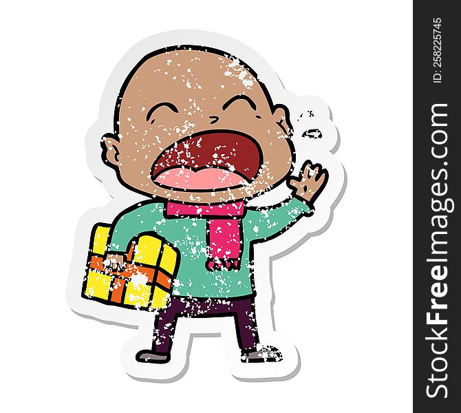 Distressed Sticker Of A Cartoon Shouting Bald Man With Present