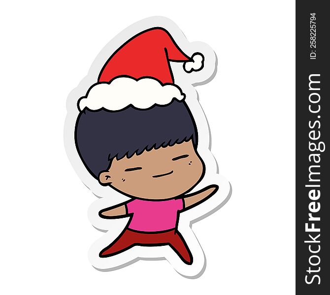 hand drawn sticker cartoon of a smug boy wearing santa hat