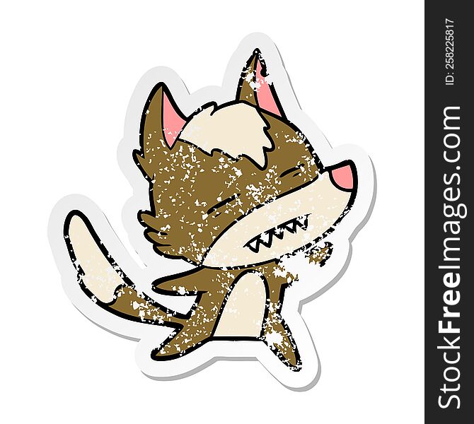 distressed sticker of a cartoon wolf showing teeth whilst dancing
