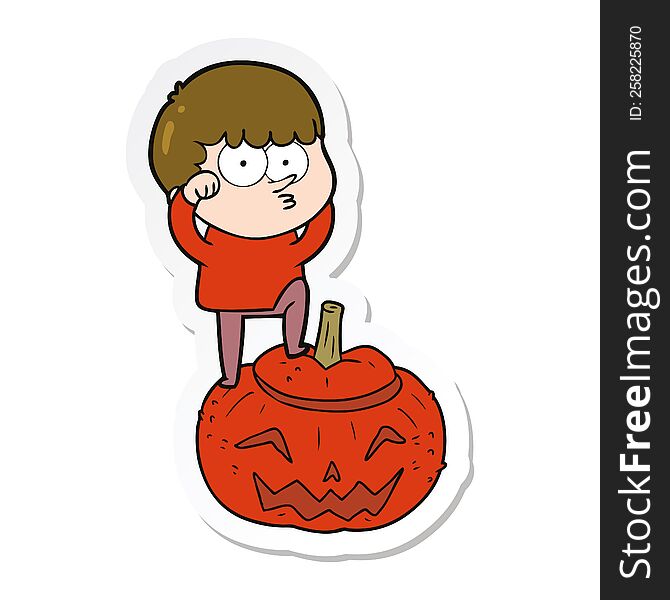 sticker of a cartoon boy on huge pumpkin