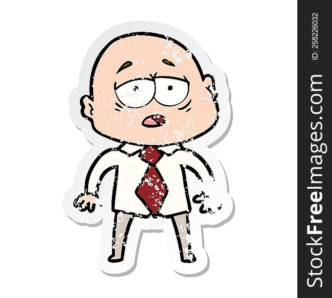 distressed sticker of a cartoon tired bald man in shirt and tie