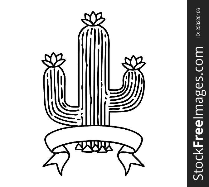 traditional black linework tattoo with banner of a cactus