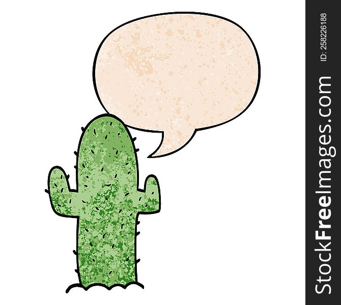 cartoon cactus with speech bubble in retro texture style
