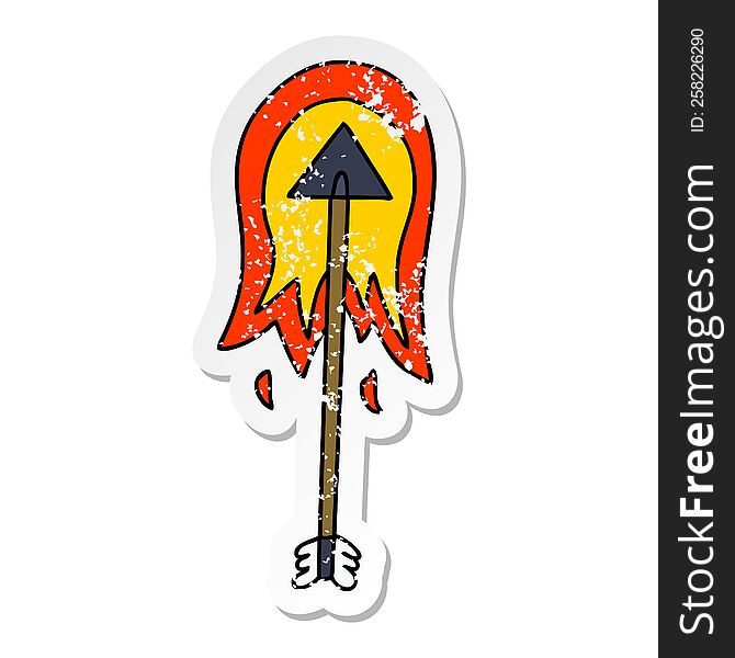 distressed sticker of a quirky hand drawn cartoon burning arrow