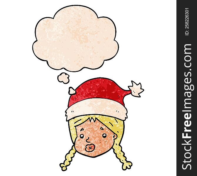 cartoon girl wearing christmas hat with thought bubble in grunge texture style. cartoon girl wearing christmas hat with thought bubble in grunge texture style