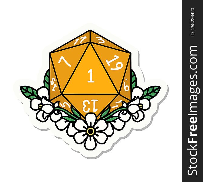 sticker of a natural one dice roll with floral elements. sticker of a natural one dice roll with floral elements