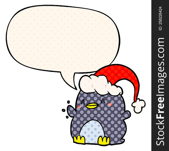 cartoon penguin wearing christmas hat with speech bubble in comic book style