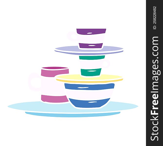 hand drawn cartoon doodle of colourful bowls and plates