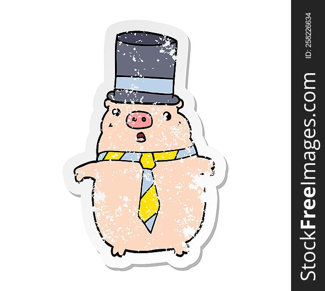 Distressed Sticker Of A Cartoon Business Pig