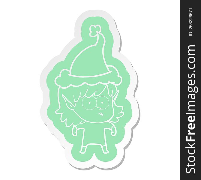 quirky cartoon  sticker of a elf girl staring wearing santa hat