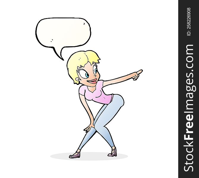 cartoon pretty woman pointing with speech bubble