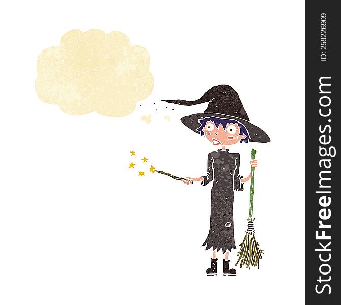 cartoon witch casting spell with thought bubble