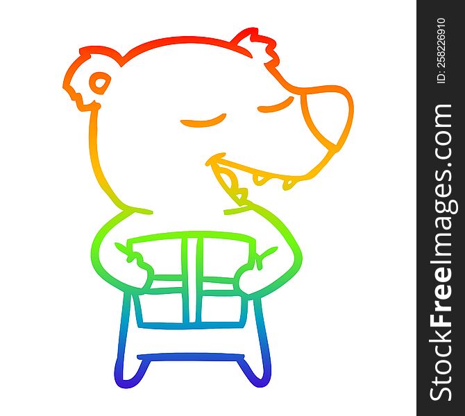 rainbow gradient line drawing of a cartoon polar bear with present