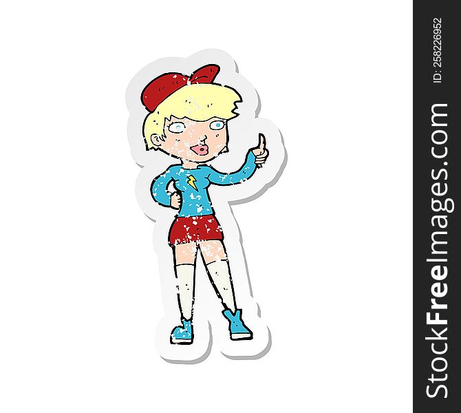 Retro Distressed Sticker Of A Cartoon Skater Girl Giving Thumbs Up Symbol